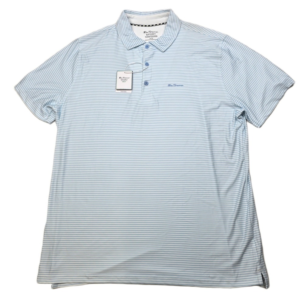 Ben Sherman Sport Polo Shirt Mens XL LT Blue White‎ Stripe Tech Jersey Golf NEW